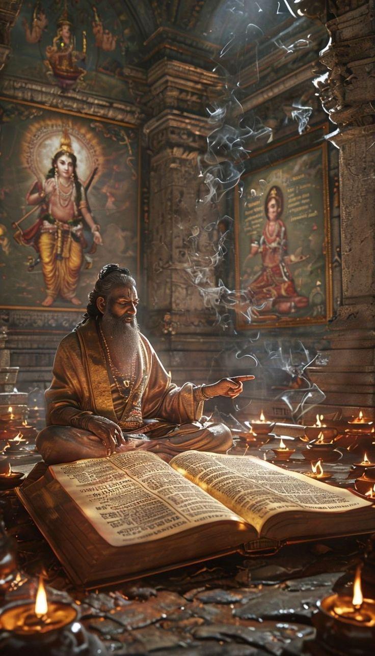 Ancient vedic sage studying sacred astrology texts surrounded by candles