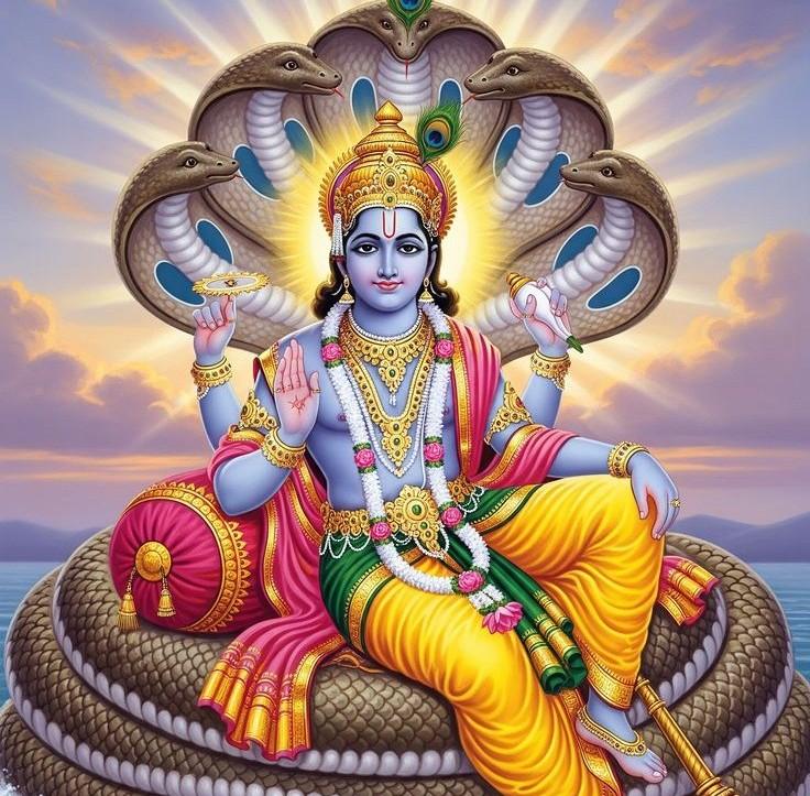 Lord Vishnu with Sudarshan Chakra seated on divine serpent Shesha Naga with golden radiant halo representing cosmic wisdom